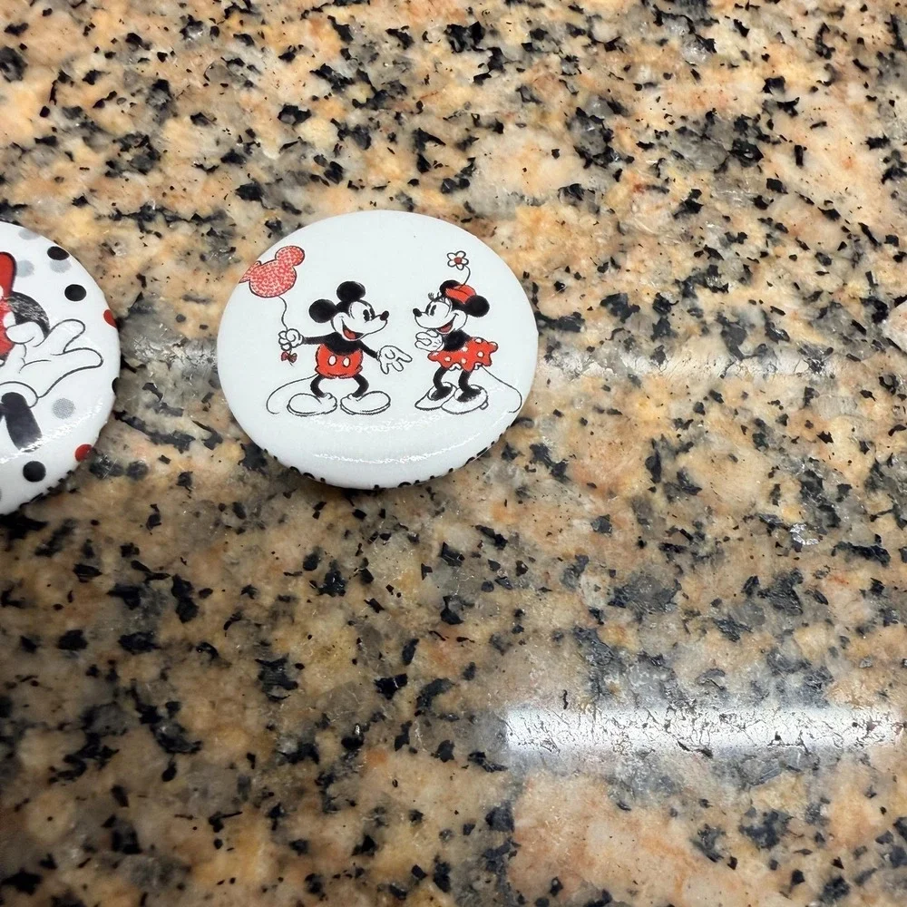 Disney Mickey Minnie Mouse Button Pins Set Of 3 White Red Black Polka Dot Round